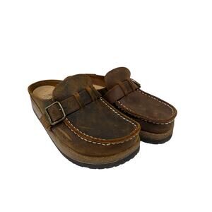 White Mountain Brown Leather Buckle Footbed Clogs Boho Comfort Shoes Size 6